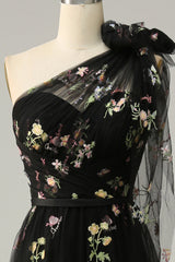A-Line Black Long Prom Dress With Embroidery
