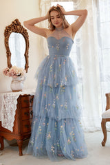 A Line Halter Grey Blue Plus Size Prom Dress with Embroidery