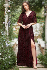 A Line V Neck Rust Long Bridesmaid Dress with Split Front