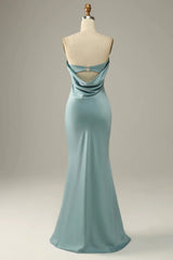 Grey blue fish tail strapless and satin bridesmaid dress