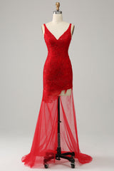 Mermaid V Neck Red Long Prom Dress with Embroidery