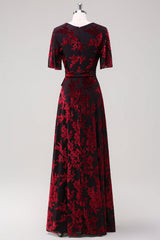 A-Line V Neck Dark Green Burnout Velvet Floor Length Dress with Short Sleeve