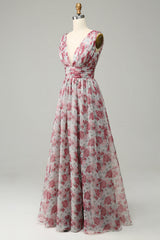 A Line Grey V-Neck Floral Prom Dress