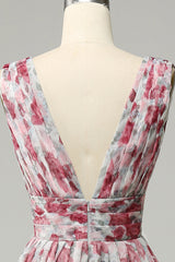 A Line Grey V-Neck Floral Prom Dress