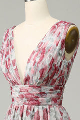 A Line Grey V-Neck Floral Prom Dress