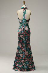 Flower Print Halter Satin Prom Dress
