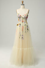 A Line Spaghetti Straps Champagne Long Prom Dress with Appliques