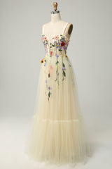 A Line Spaghetti Straps Champagne Long Prom Dress with Appliques