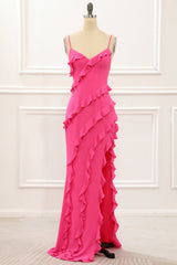 Hete roze satijnen ruches prom -jurk met spleet