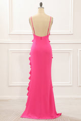 Hete roze satijnen ruches prom -jurk met spleet