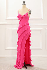 Hete roze satijnen ruches prom -jurk met spleet