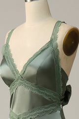 V-Neck Open Back Dusty Green Bridesmaid Dress with Lace
