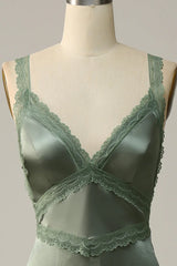 V-neck backless grey green lace bridesmaid dress