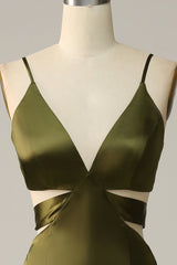 Thin shoulder strap cut olive long slit bridesmaid dress