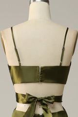 Olive colored thin shoulder strap hollow satin bridesmaid dress