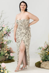 Sheath Sweetheart Grey Printed Plus Size Wedding Party Dress with Belt