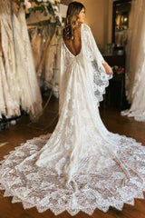 Aimishang Elegant Ivory Long Sleeve Cape Lace Mermaid Wedding Dress with Appliques
