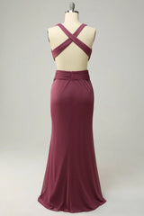 Tight deep V-neck desert rose long oversized front slit bridesmaid dress