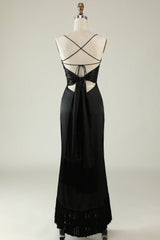 Spaghetti Straps Black Satin Prom Dress with Fringes