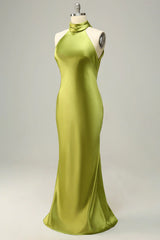 Hanging neck and backless lemon green long bridesmaid dress