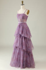 Purple Printed A Line Corset Prom Dress
