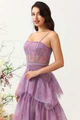 Purple Tulle Spaghetti Straps Corset Bridesmaid Dress