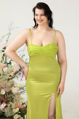 Sheath Spaghetti Straps Lemon Green Plus Size Wedding Guest Dress with Silt