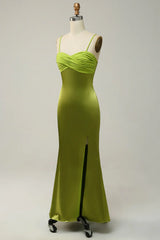 Tight slim shoulder strap lemon green mud bridesmaid dress