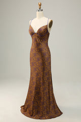 Flower Printed Brown Long Bridesmaid Dress