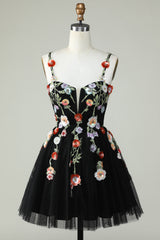 Spaghetti Straps Black A Line Sequin Flowers Homecoming Dress