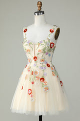 Spaghetti Straps Black A Line Sequin Flowers Homecoming Dress