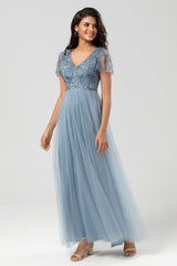 Confidently Charismatic A Line V Neck Dusty Blue Long Bridesmaid Dress with Beading