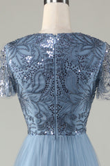 A-Line Dusty Blue Bridesmaid Dress with Beading
