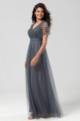 Epitome of Romance A-Line V Neck Eucalyptus Long Bridesmaid Dress with Beading