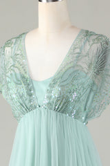 Tulle Sparkly Sage Bridesmaid Dress with Beading