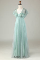 Tulle Sparkly Sage Bridesmaid Dress with Beading