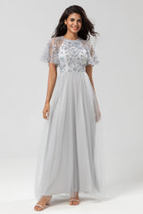 Classic Elegance A-Line Jewel Neck Grey Long Bridesmaid Dress with Short Sleeves