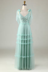 Tulle V-Neck Dusty Pink Bridesmaid Dress with Beading