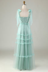 Tulle V-Neck Dusty Pink Bridesmaid Dress with Beading