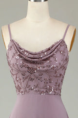 Thin shoulder strap beaded grey pink bridesmaid dress