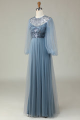 A Line Grey Blue Sequin Long Sleeves Bridesmaid Dress