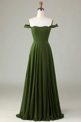 A-shaped slit off shoulder olive bridesmaid dress