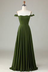 Off The Shoulder A Line Olive Bridesmaid Dress with Slit