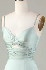 Keyhole Spaghetti Straps Matcha Bridesmaid Dress with Slit