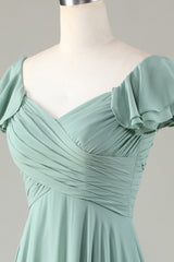 Lace-Up Back Matcha Bridesmaid Dress with Ruffles