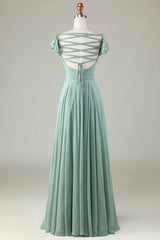 Back lace up ruffle edge matcha bridesmaid dress
