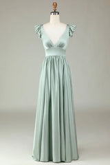 Deep V-neck ruffled matcha long bridesmaid dress