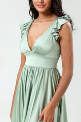 Deep V-Neck A Line Green Long Bridesmaid Dress with Ruffles