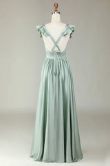 Deep V-neck ruffled matcha long bridesmaid dress
