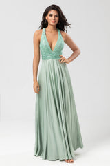 Never-Ending A Line V-Neck Matcha Long Bridesmaid Dress with Beading